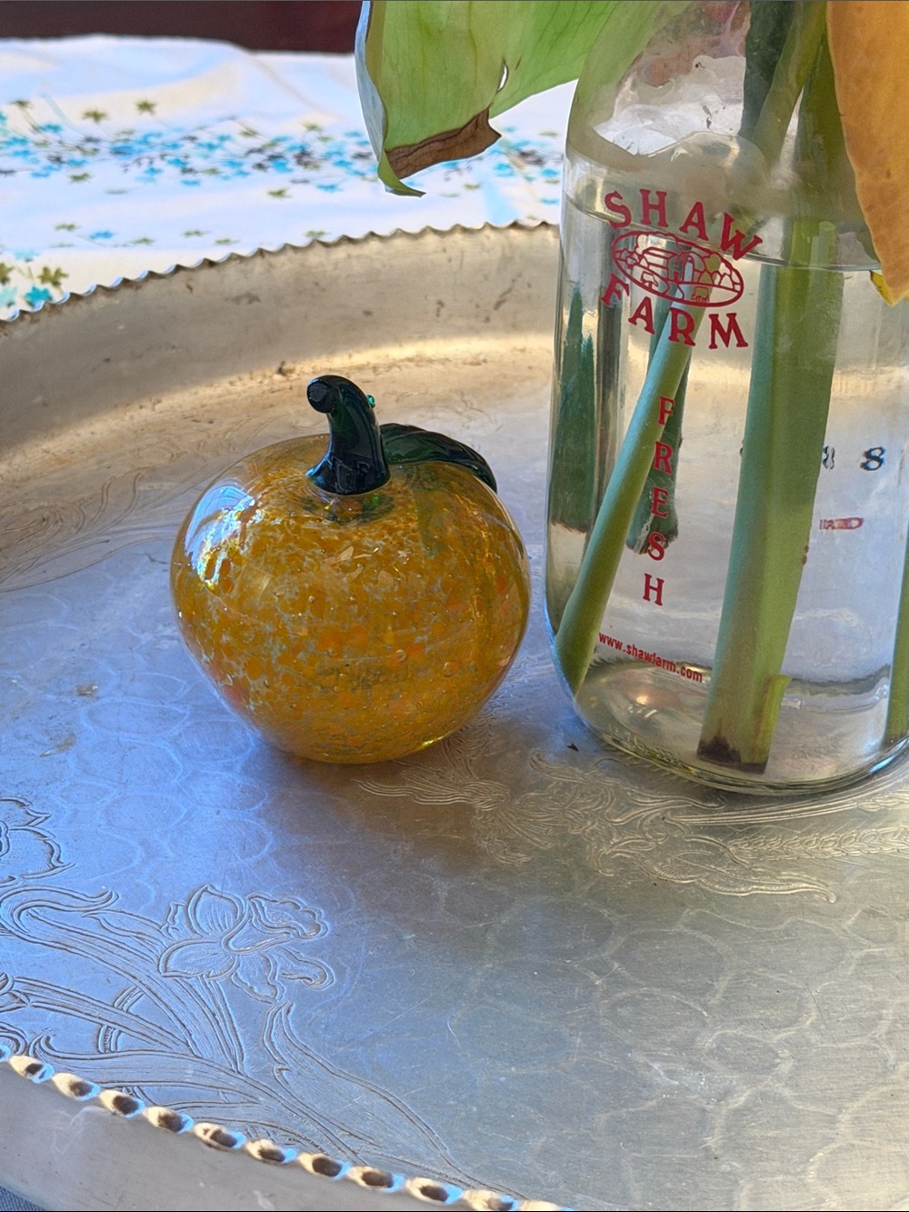 Handblown Yellow Glass Pumpkin with Dark Green Stem